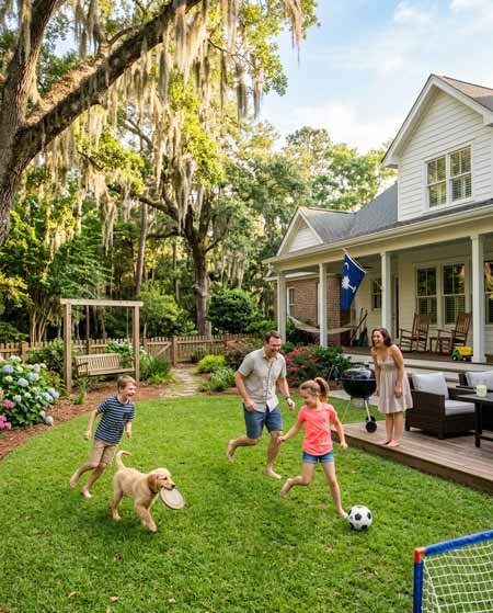 Family playing in clean yard
