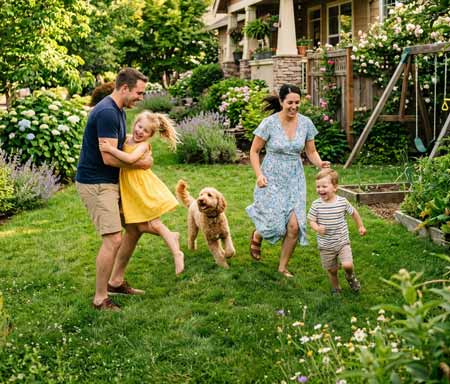 Evening family time playing in yard